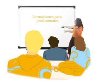 Ilustración de una formación para profesionales: Beatriz Ibáñez ante una pantalla y tres asistentes de espaldas