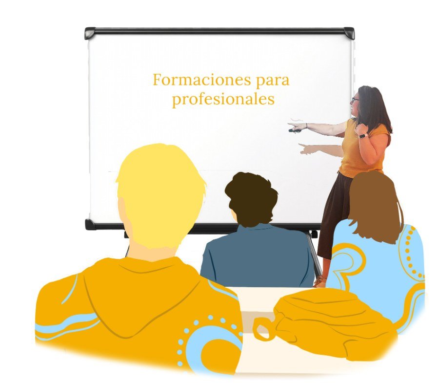 Ilustración de una formación para profesionales: Beatriz Ibáñez ante una pantalla y tres asistentes de espaldas